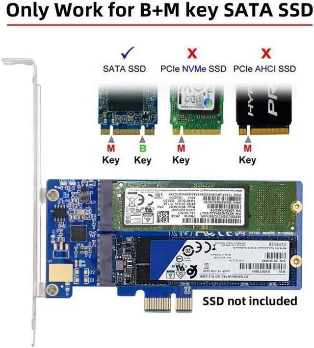 Alt view image 3 of 7 - Aomoproing Dual SATA NGFF Key B+M SSD to PCI-E 1x Motherboard Desktop Adapter Converter SSD Card JMB582 2280