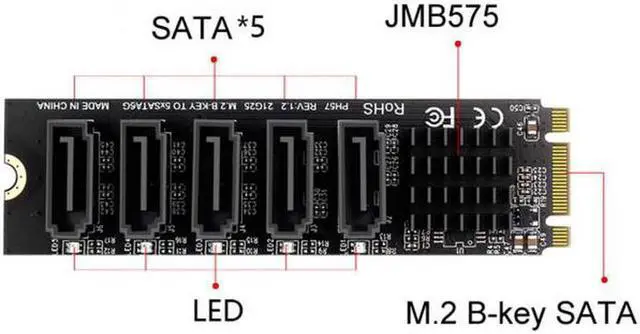 Alt view image 3 of 5 - Aomoproing NGFF Key B+M to SATA 3.0 6Gbps 5 Ports Adapter Converter Port Multiplier Selector JMB575 2280