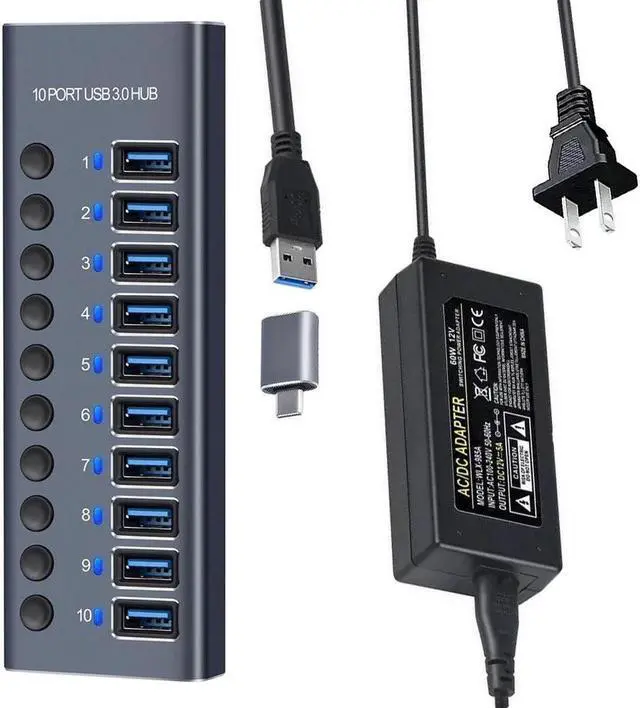 Main image of Powered USB 3.0 Hub10 Ports 60W Powered USB Hub Aluminum USB Splitter with Individual On/Off Switches and 12V/5A Power Adapter for PC, Laptops, MacBook Pro/Air, iMac