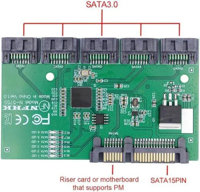 Alt view image 4 of 7 - Aomoproing SATA 3.0 6Gbps 1 to 5 Splitter Ports HUB Adapter Converter PM Multiplier Port Selector JMB575