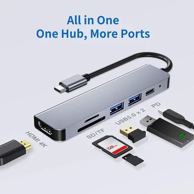 Alt view image 4 of 7 - USB C Hub 6 in 1 Multiport Adapter for MacBook Pro/Air Mac,with 2 USB 3.0 Ports,4K HDMI, 87W Pd Charging for iPad Pro/MacBook/Type C Devices,TF/SD Card Reader