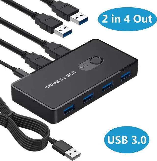 Main image of USB 3.0 Switch 2 in 4 Out, USB Switcher Selector 2 Computers Sharing 4 USB 3.0 Ports, KM Switcher Box with 2 Pack USB Cable for PC, Printer, Scanner, Mouse, Keyboard, Compatible with Mac/Windows/Linux