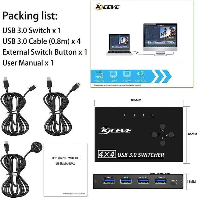 Alt view image 3 of 7 - 4 Port USB 3.0 Switch 4 in 4 Out, USB Switch Selector 4 Computer Sharing 4 USB Devices KVM Switcher for Share Printer, Scanner,Mouse, Keyboard, Compatible with Mac/Windows/Linux, with 4 USB 3.0 Cables