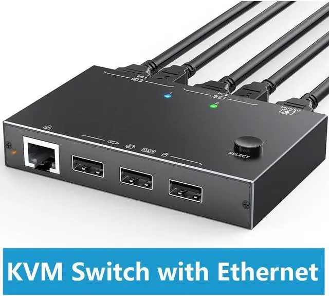 Main image of 2 Port HDMI KVM Switch with Ethernet, HDMI KVM Switch 2 in 1 Out 4K@60Hz, HDMI KVM Switches for 2 Computers Share 1 Monitor and 3 USB Devices Keyboard Mouse, Ethernet Network KVM Switcher