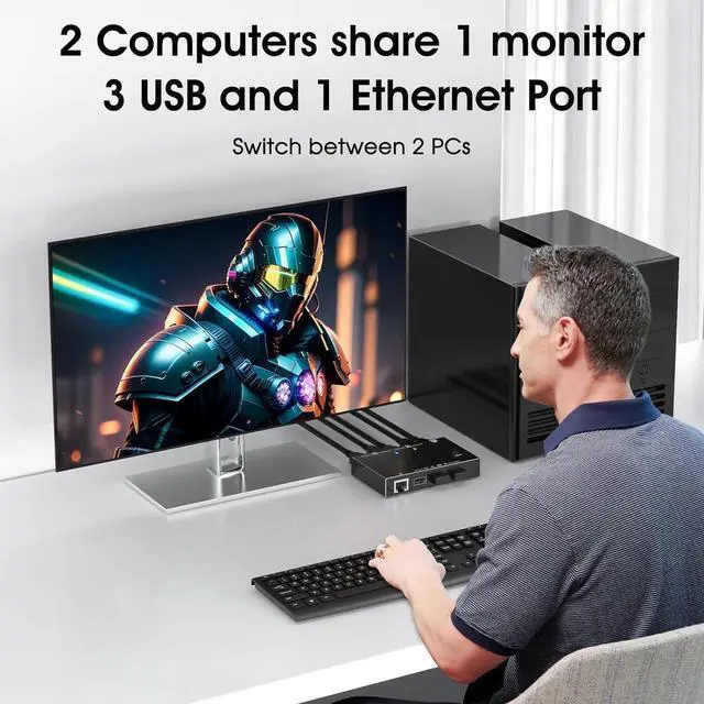 Alt view image 3 of 7 - 2 Port HDMI KVM Switch with Ethernet, HDMI KVM Switch 2 in 1 Out 4K@60Hz, HDMI KVM Switches for 2 Computers Share 1 Monitor and 3 USB Devices Keyboard Mouse, Ethernet Network KVM Switcher