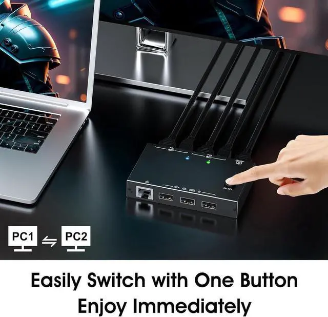 Alt view image 5 of 7 - 2 Port HDMI KVM Switch with Ethernet, HDMI KVM Switch 2 in 1 Out 4K@60Hz, HDMI KVM Switches for 2 Computers Share 1 Monitor and 3 USB Devices Keyboard Mouse, Ethernet Network KVM Switcher