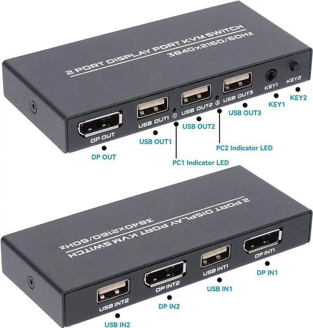 Alt view image 6 of 6 - DisplayPort KVM Switch 2 Ports, USB Switch Share Monitor Keyboard and Mouse for Laptop, DP Display Port KVM Switcher Support 4K @60Hz, with 2 DisplayPort Cables and 2 USB Cables