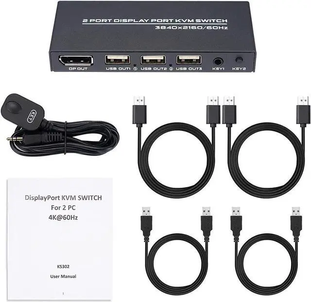 Alt view image 3 of 6 - DisplayPort KVM Switch 2 Ports, USB Switch Share Monitor Keyboard and Mouse for Laptop, DP Display Port KVM Switcher Support 4K @60Hz, with 2 DisplayPort Cables and 2 USB Cables