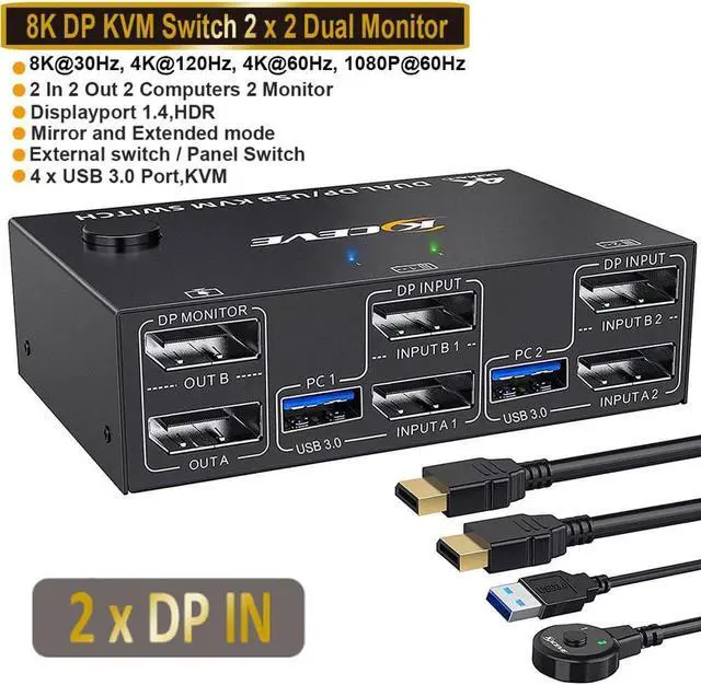 Main image of USB 3.0 DP KVM Switch for 2 PC 2 Monitors, 8K @30Hz 4K @144Hz Extended Display, 2 in 2 Out Dual Monitor Displayport 1.4 KVM Switch for 4 USB Devices Mouse Keyboard, with 2 USB3.0 and 2 DP Cables