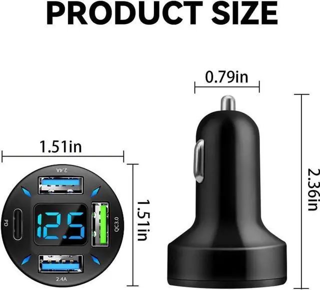 Alt view image 4 of 6 - 4 Ports USB Car Charger 66W Super Fast Charging USB QC 3.0 USB Adapter Charger with LED Voltmeter for Car Cigarette Lighter Plug Compatible with Most Cell Phone (1 PD+QC3.0+2.4A)