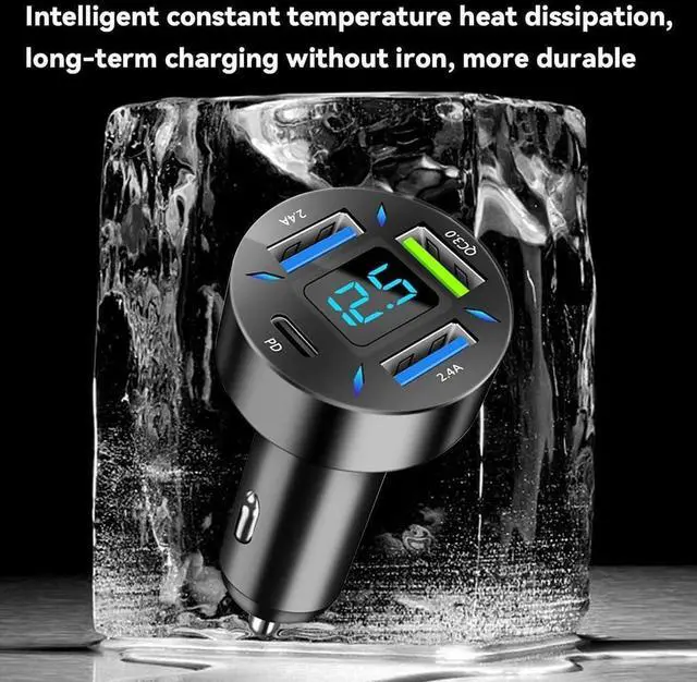 Alt view image 5 of 6 - 4 Ports USB Car Charger 66W Super Fast Charging USB QC 3.0 USB Adapter Charger with LED Voltmeter for Car Cigarette Lighter Plug Compatible with Most Cell Phone (1 PD+QC3.0+2.4A)