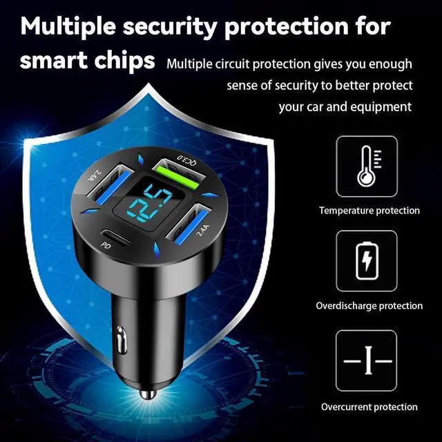 Alt view image 2 of 6 - 4 Ports USB Car Charger 66W Super Fast Charging USB QC 3.0 USB Adapter Charger with LED Voltmeter for Car Cigarette Lighter Plug Compatible with Most Cell Phone (1 PD+QC3.0+2.4A)