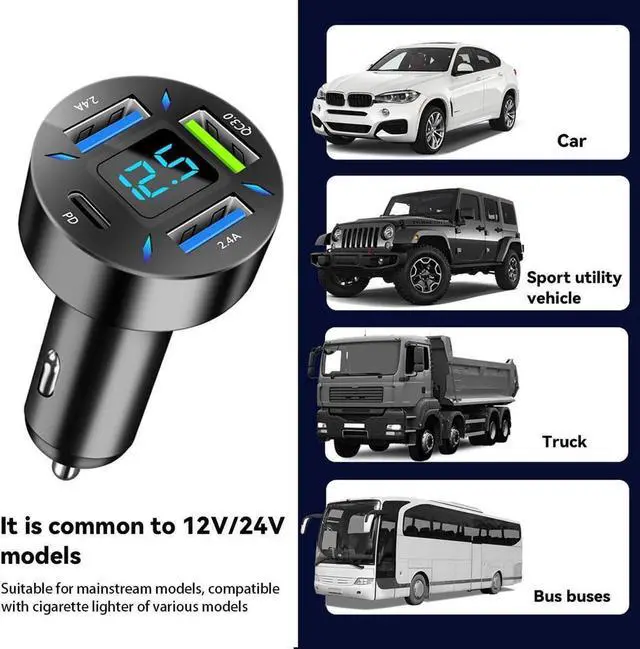 Alt view image 3 of 6 - 4 Ports USB Car Charger 66W Super Fast Charging USB QC 3.0 USB Adapter Charger with LED Voltmeter for Car Cigarette Lighter Plug Compatible with Most Cell Phone (1 PD+QC3.0+2.4A)