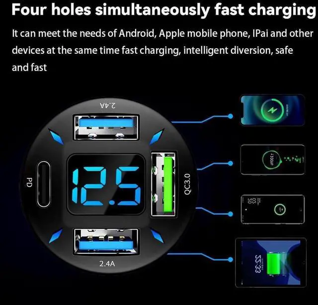 Alt view image 6 of 6 - 4 Ports USB Car Charger 66W Super Fast Charging USB QC 3.0 USB Adapter Charger with LED Voltmeter for Car Cigarette Lighter Plug Compatible with Most Cell Phone (1 PD+QC3.0+2.4A)