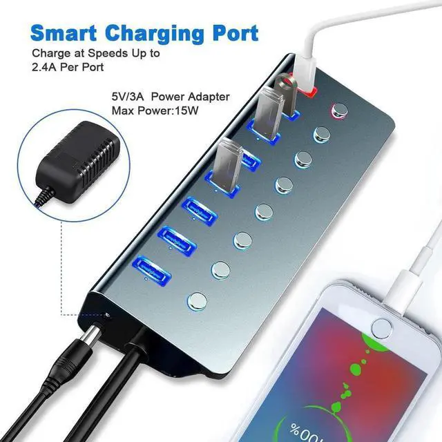 Alt view image 2 of 2 - Powered USB Hub,LOBKIN 7-Port USB Hub 3.0 Powered | 1 Smart Charging Port | Multi USB Port Expander with Individual On/Off Switches and 5V/3A Power Adapter for Laptop,PC,Mac,MacBook Pro,PS4,TV