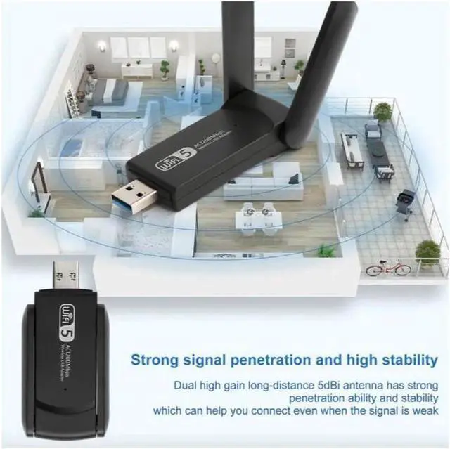 Alt view image 3 of 5 - 1200Mbps Long Range AC1200 Dual Band 5GHz Wireless USB 3.0 WiFi Adapter Antennas