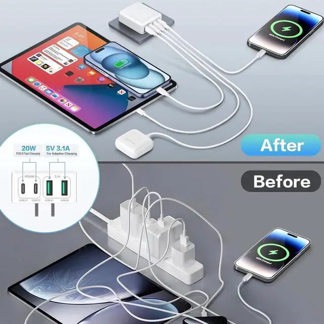 Alt view image 2 of 7 - USB C Wall Charger [3 Pack], Slim Fast Charging Block, 40W 4-Port USB C Charger Block Type C Power Adapter with Foldable Plug Compatible for i-Phone Android Cellphones Tablet PC.. (White)