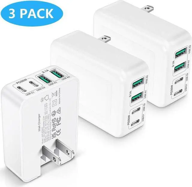 Main image of USB C Wall Charger [3 Pack], Slim Fast Charging Block, 40W 4-Port USB C Charger Block Type C Power Adapter with Foldable Plug Compatible for i-Phone Android Cellphones Tablet PC.. (White)