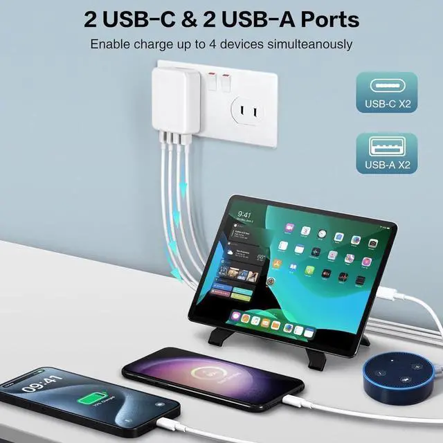 Alt view image 3 of 7 - USB C Wall Charger [3 Pack], Slim Fast Charging Block, 40W 4-Port USB C Charger Block Type C Power Adapter with Foldable Plug Compatible for i-Phone Android Cellphones Tablet PC.. (White)