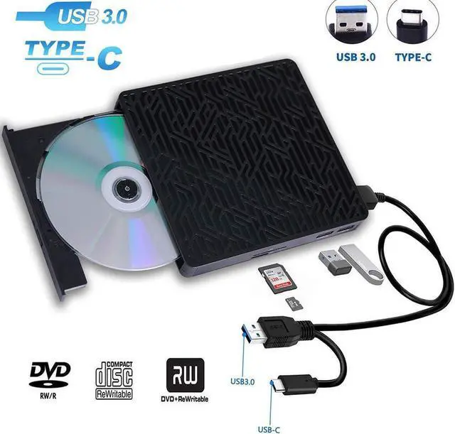 Main image of USB 3.0&USB-C External CD DVD Drive,Multifunctional External CD/DVD +/- RW Burner Player Writer Support SD/TF Card/2 USB 3.0 Ports/Charging,Compatible with Mac OS/Windows/MacBook/Laptop/Desktop-Black