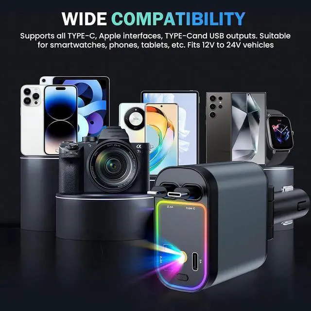 Alt view image 5 of 7 - Car Charger with Starlight, 66W USB C Car Charger Adapter, 4 in 1 Retractable Car Charger with 2 USB Ports Car Phone Charger, Fast Car Charger for i-Ph-one 16/15/14/13/12/11, for Android Phones