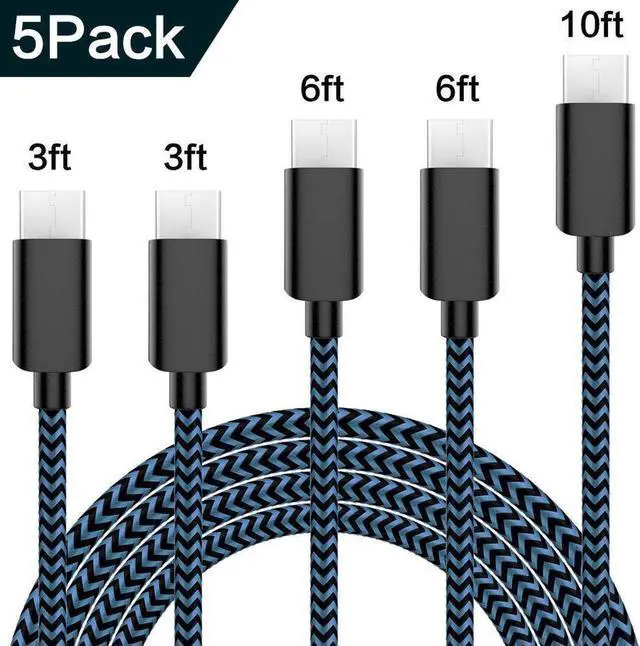 Main image of USB Type C Cable 5Pack (3/3/6/6/10FT) Nylon Braided USB C Cable Fast Charger Charging Cord Compatible Samsung Galaxy S9 S8 Note 9 Note 8 Plus,LG V30 G6 G5 V20,Google Pixel, Moto Z2 (Blue)