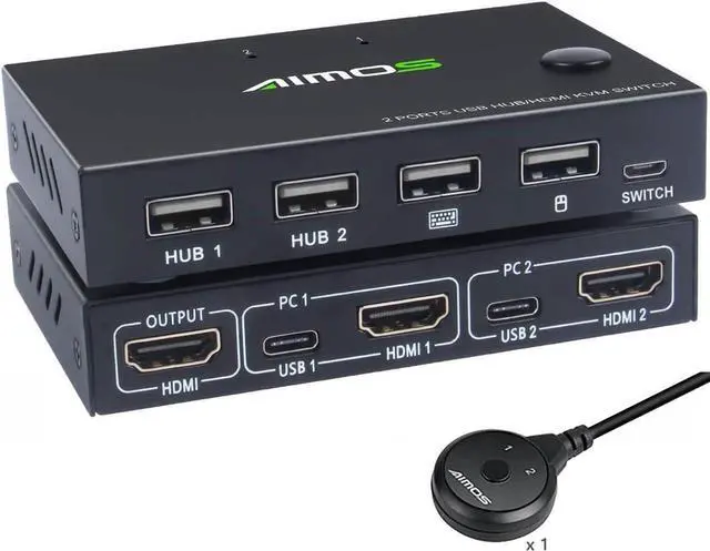 Main image of KVM Switch HDMI 2 Port Box, AIMOS USB and HDMI Switches 4 USB Hub, UHD 4K@30Hz, for 2 Computers Share Keyboard Mouse and one HD Monitor, Not support Hotkey, With HUB Ports