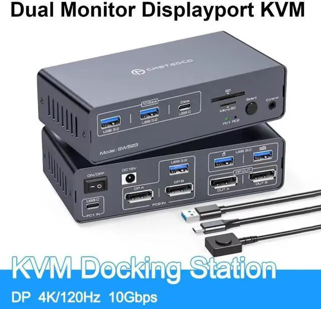 Main image of DP KVM Docking Station 4K120Hz, USB C KVM Switch 2 Monitors 2 PCs Displayport Dual Monitor KVM Switch for Laptop and Desktop PC Share 13-in-1 Dock, 10Gbps USB 3.2 and USB-C data transfer Ports