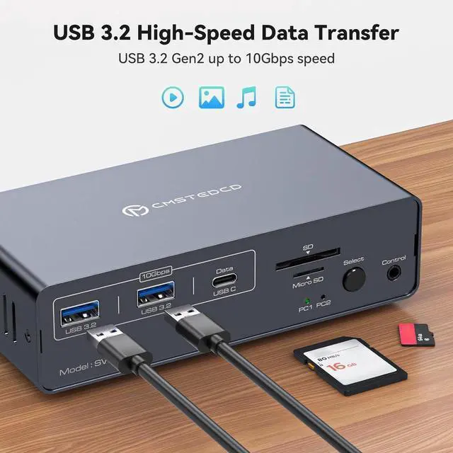 Alt view image 6 of 7 - DP KVM Docking Station 4K120Hz, USB C KVM Switch 2 Monitors 2 PCs Displayport Dual Monitor KVM Switch for Laptop and Desktop PC Share 13-in-1 Dock, 10Gbps USB 3.2 and USB-C data transfer Ports