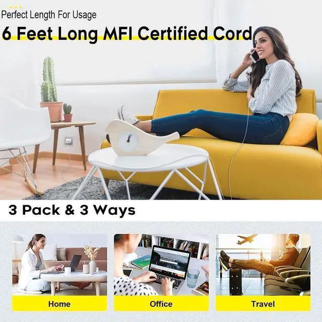 Alt view image 4 of 6 - Fast Charger iPhone,iPhone Charger Cable,3Pack iPhone Charger Fast Charging 6Foot iPhone Charging USB C Charger Adapter 6FT Type C to Lightning Cable for iPhone 14 Pro Max/14 Plus/13/12 Mini/11/XS/SE