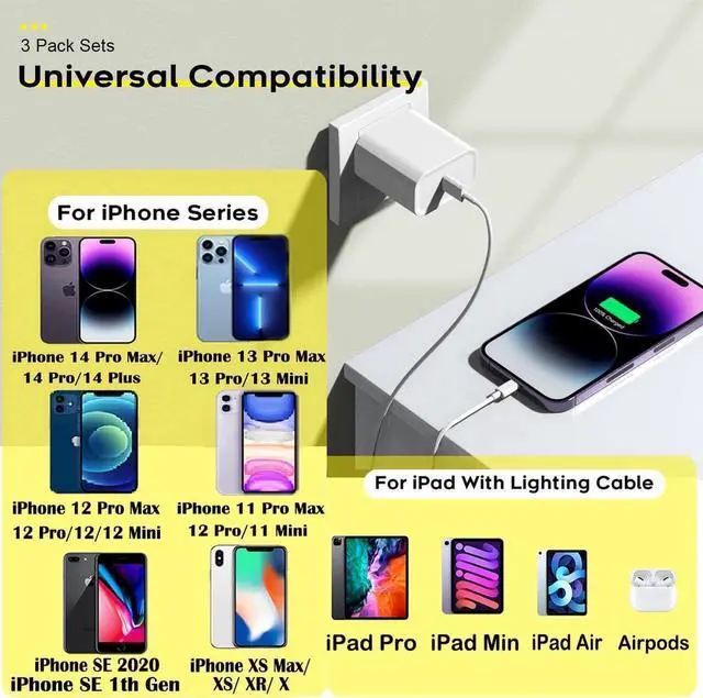 Alt view image 5 of 6 - Fast Charger iPhone,iPhone Charger Cable,3Pack iPhone Charger Fast Charging 6Foot iPhone Charging USB C Charger Adapter 6FT Type C to Lightning Cable for iPhone 14 Pro Max/14 Plus/13/12 Mini/11/XS/SE