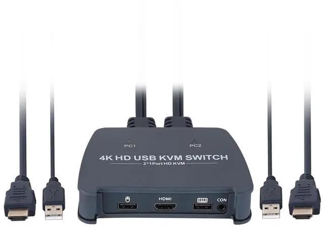 Main image of 4K HDMI KVM Switch, 2-Port Full HD KVM Switch with Cables - 4K@60Hz HDMI KVM Switch 1 Monitors 2 Computers- Plug-and-Play - Share Mouse Keyboard and 1 Screens and Extended Controller