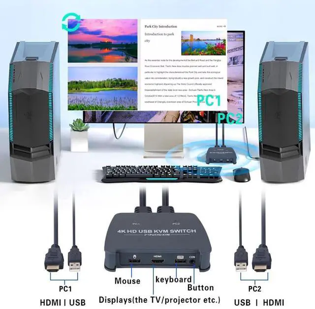 Alt view image 4 of 7 - 4K HDMI KVM Switch, 2-Port Full HD KVM Switch with Cables - 4K@60Hz HDMI KVM Switch 1 Monitors 2 Computers- Plug-and-Play - Share Mouse Keyboard and 1 Screens and Extended Controller