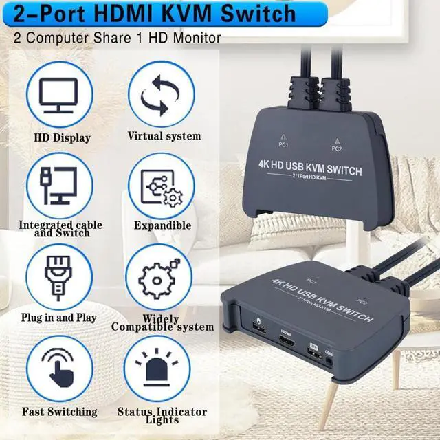 Alt view image 6 of 7 - 4K HDMI KVM Switch, 2-Port Full HD KVM Switch with Cables - 4K@60Hz HDMI KVM Switch 1 Monitors 2 Computers- Plug-and-Play - Share Mouse Keyboard and 1 Screens and Extended Controller
