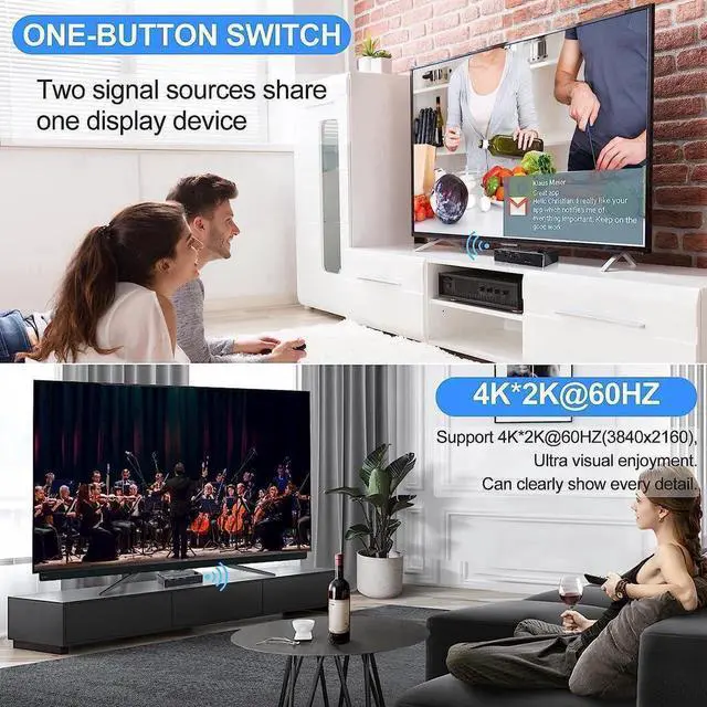 Alt view image 5 of 7 - 2 Port HDMI KVM Switch 2 in 1 Out, 4K @60Hz HDMI USB2.0 KVM Switch for 2 Computers 1 Monitor Share Keyboard Mouse Button Switch, Metal Case, Button & Hotkey Switch, With 2 USB Cables