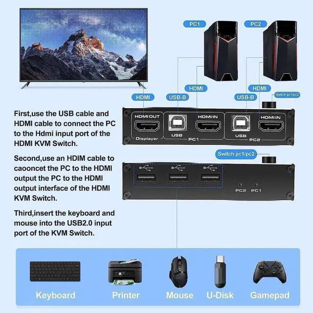 Alt view image 6 of 7 - 2 Port HDMI KVM Switch 2 in 1 Out, 4K @60Hz HDMI USB2.0 KVM Switch for 2 Computers 1 Monitor Share Keyboard Mouse Button Switch, Metal Case, Button & Hotkey Switch, With 2 USB Cables