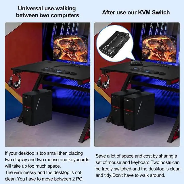 Alt view image 7 of 7 - 2 Port HDMI KVM Switch 2 in 1 Out, 4K @60Hz HDMI USB2.0 KVM Switch for 2 Computers 1 Monitor Share Keyboard Mouse Button Switch, Metal Case, Button & Hotkey Switch, With 2 USB Cables