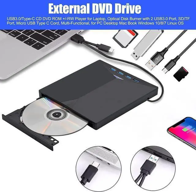 Alt view image 4 of 7 - External CD DVD Drive, 7-in-1 Optical External CD/DVD Burner with 4 USB 3.0 Ports SD/TF Reader, USB 3.0 Type C CD DVD ROM +/-RW Player for Laptop for M-a-c-book Windows 10/ 8/7 Linux OS