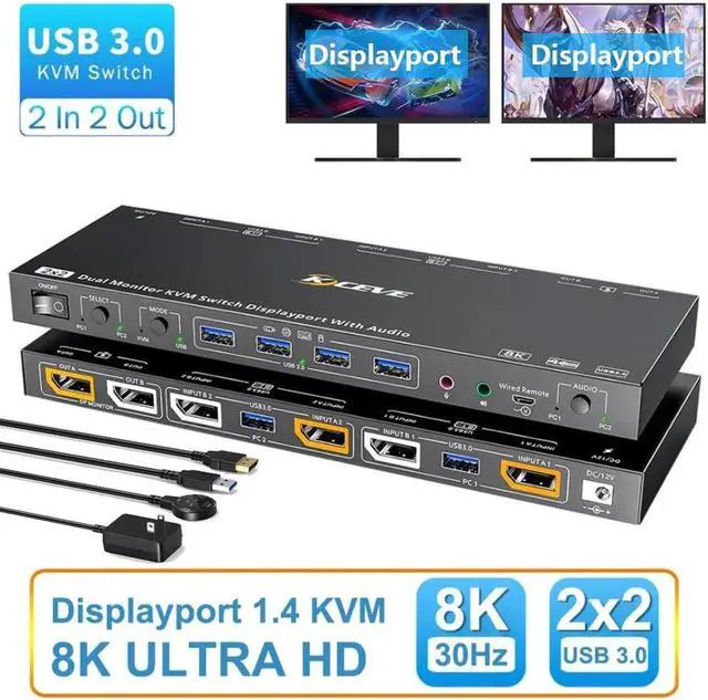 Main image of Voice Controlled Dual Monitor Displayport KVM Switch 2 Monitors 2 Computers 8K@30Hz 4K@144Hz, USB 3.0 DP KVM Switch 2 in 2 Out with Audio and 4 USB 3.0 Port, Support KVM Mode and USB Mode