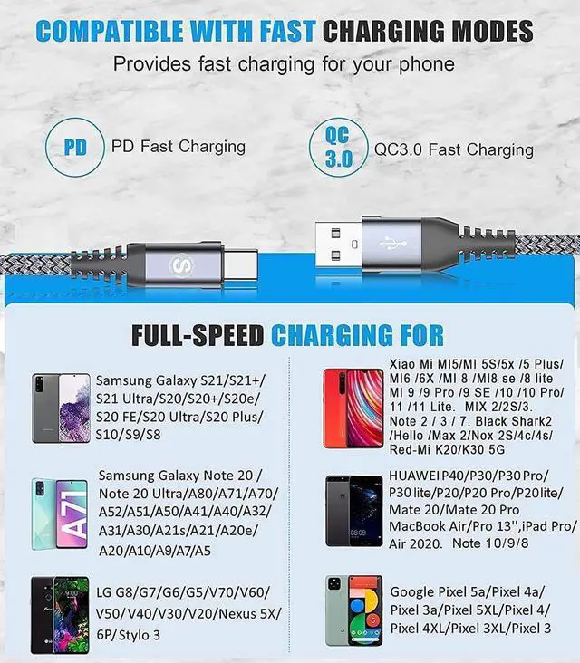 Alt view image 4 of 6 - USB Type C Charger Cable [2-Pack,6.6ft+6.6ft] iPhone 15 Charger Nylon Braided USB Cord for iPhone 15 Pro Max Samsung Galaxy S23 S22 S21 S20 S10 S9 S8+ Note 20 Flip A53 A54 Pixel LG Moto PS5