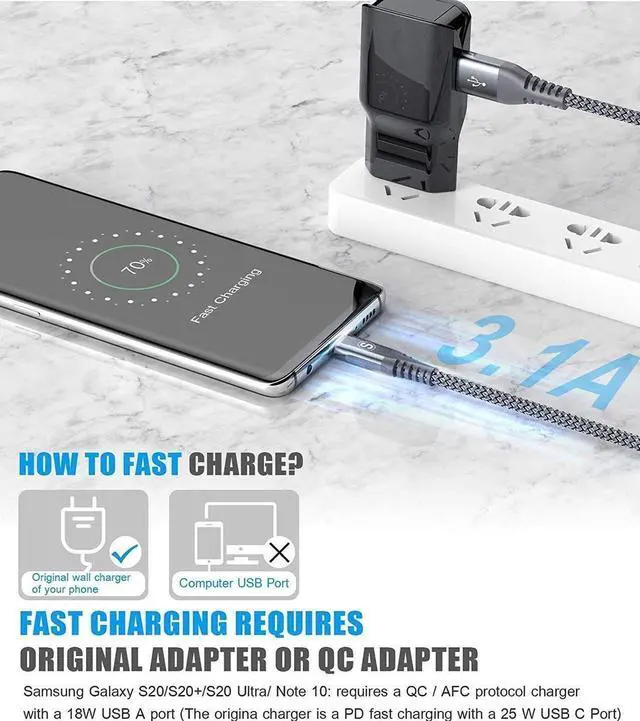 Alt view image 6 of 6 - USB Type C Charger Cable [2-Pack,6.6ft+6.6ft] iPhone 15 Charger Nylon Braided USB Cord for iPhone 15 Pro Max Samsung Galaxy S23 S22 S21 S20 S10 S9 S8+ Note 20 Flip A53 A54 Pixel LG Moto PS5
