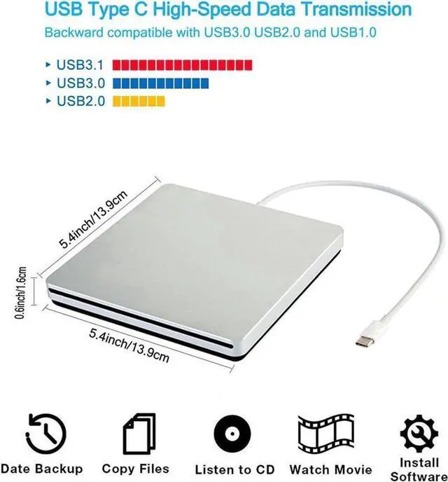 Alt view image 2 of 6 - External CD DVD Drive USB-C USB 3.0 Type-C Slim Optical Portable Burner/Writer/Reader Drive Player High Speed Data Transfer for Mac MacBook Pro Air iMac Desktop and Laptop Windows 10/8/7/XP/Vista