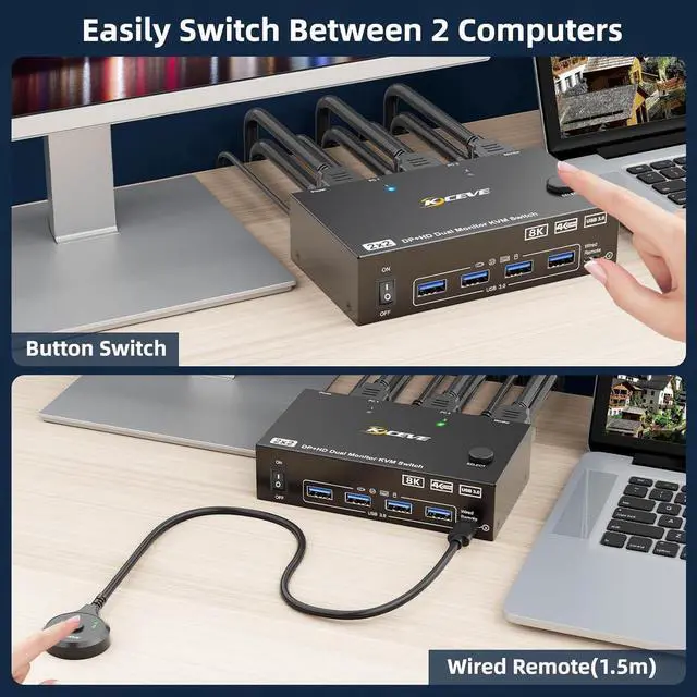 Alt view image 3 of 7 - HDMI + Displayport KVM Switch 2 Monitors 2 Computers 8K@60Hz 4K@144Hz,Dual Monitor KVM Switch with 4 USB 3.0 Port for Keyboard Mouse Printer, Wired Remote, Power Adapter and USB Cables Included