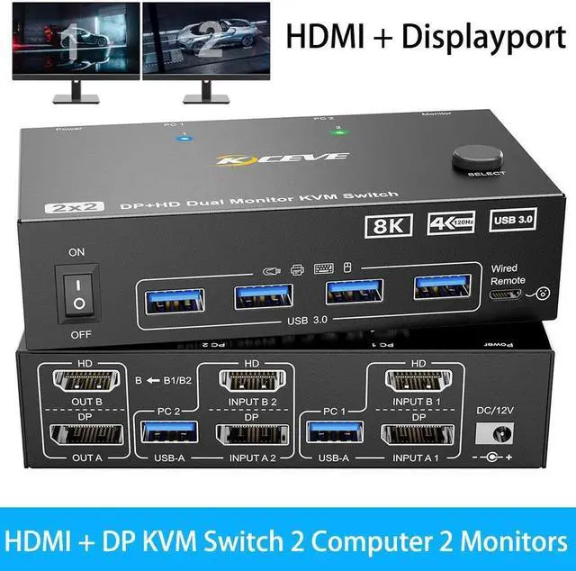 Main image of HDMI + Displayport KVM Switch 2 Monitors 2 Computers 8K@60Hz 4K@144Hz,Dual Monitor KVM Switch with 4 USB 3.0 Port for Keyboard Mouse Printer, Wired Remote, Power Adapter and USB Cables Included