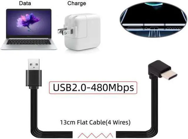 Alt view image 5 of 7 - Aomoproing 13cm USB 2.0 Type-A Male to USB-C Type-C Up Down Angled 90 Degree Data Flat Slim FPC Cable for FPVDiskPhone