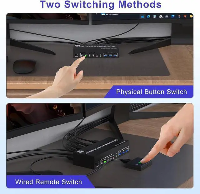 Alt view image 4 of 7 - 8K@60Hz KVM Switch 3 Monitors 4 Computers 4K@144Hz, 2 DisplayPort +1 HDMI KVM Switch Triple Monitor for 4 Computer with Audio and 3 USB 3.0 Ports, 3 Monitor KVM Switches Keyboard Mouse Switcher