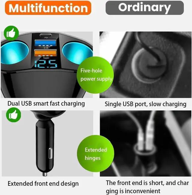 Alt view image 2 of 6 - Cigarette Lighter Splitter USB 2.4A & QC3.0 Type C with 2 Socket Cigarette Lighter Adapter 12V/24V 120W Car Charger Splitter for GPS Dash Cam Laptop Cell Phone iPhone 14/13/12/11 (A+C 66W)