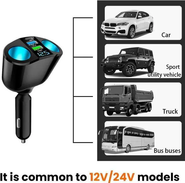 Alt view image 6 of 6 - Cigarette Lighter Splitter USB 2.4A & QC3.0 Type C with 2 Socket Cigarette Lighter Adapter 12V/24V 120W Car Charger Splitter for GPS Dash Cam Laptop Cell Phone iPhone 14/13/12/11 (A+C 66W)