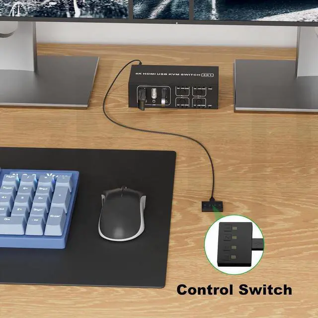 Alt view image 4 of 7 - HDMI KVM Switch 4 in 1 Out 4K@60Hz, 4 Port HDMI KVM Switch for 4 Computers Share 1 Monitor Keyboard Mouse Hard Drives Printer, with 3 USB Ports, Included 4 USB-A Cables and Desktop Controller