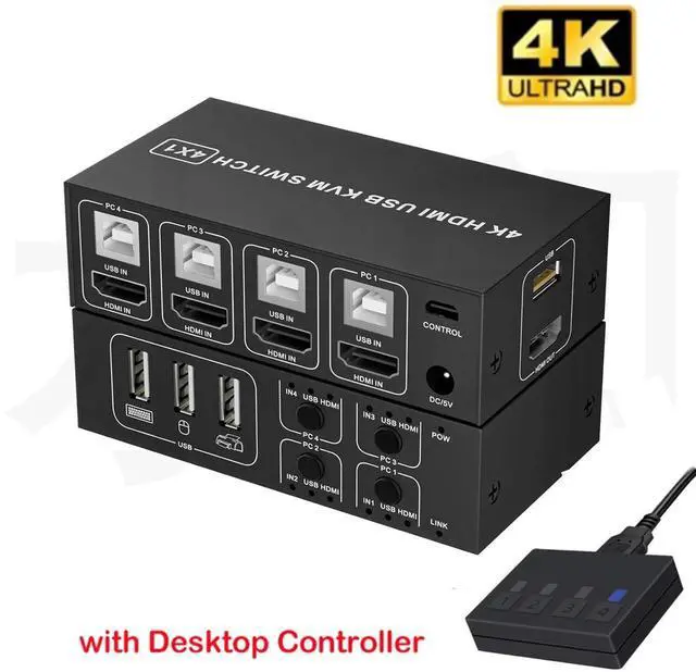 Main image of HDMI KVM Switch 4 in 1 Out 4K@60Hz, 4 Port HDMI KVM Switch for 4 Computers Share 1 Monitor Keyboard Mouse Hard Drives Printer, with 3 USB Ports, Included 4 USB-A Cables and Desktop Controller